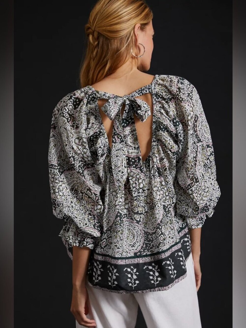 Cleobella Black & Ivory Paisley Tie-Back Peasant Blouse, Anna, NEW WITH TAGS - Picture 2 of 7